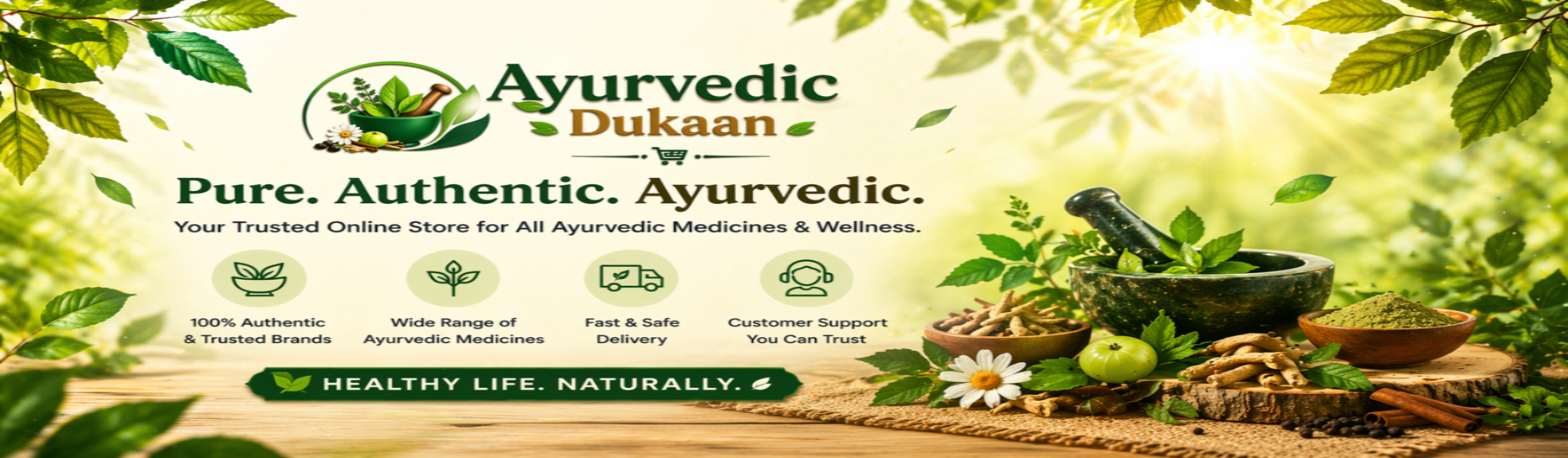 Ayurvedic Dukaan advertisement with natural elements and Ayurvedic products.
